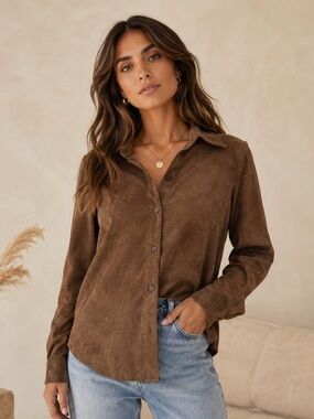 Brown Faux Suede Button-Up Shirt Soft Boho Minimalist Top Small